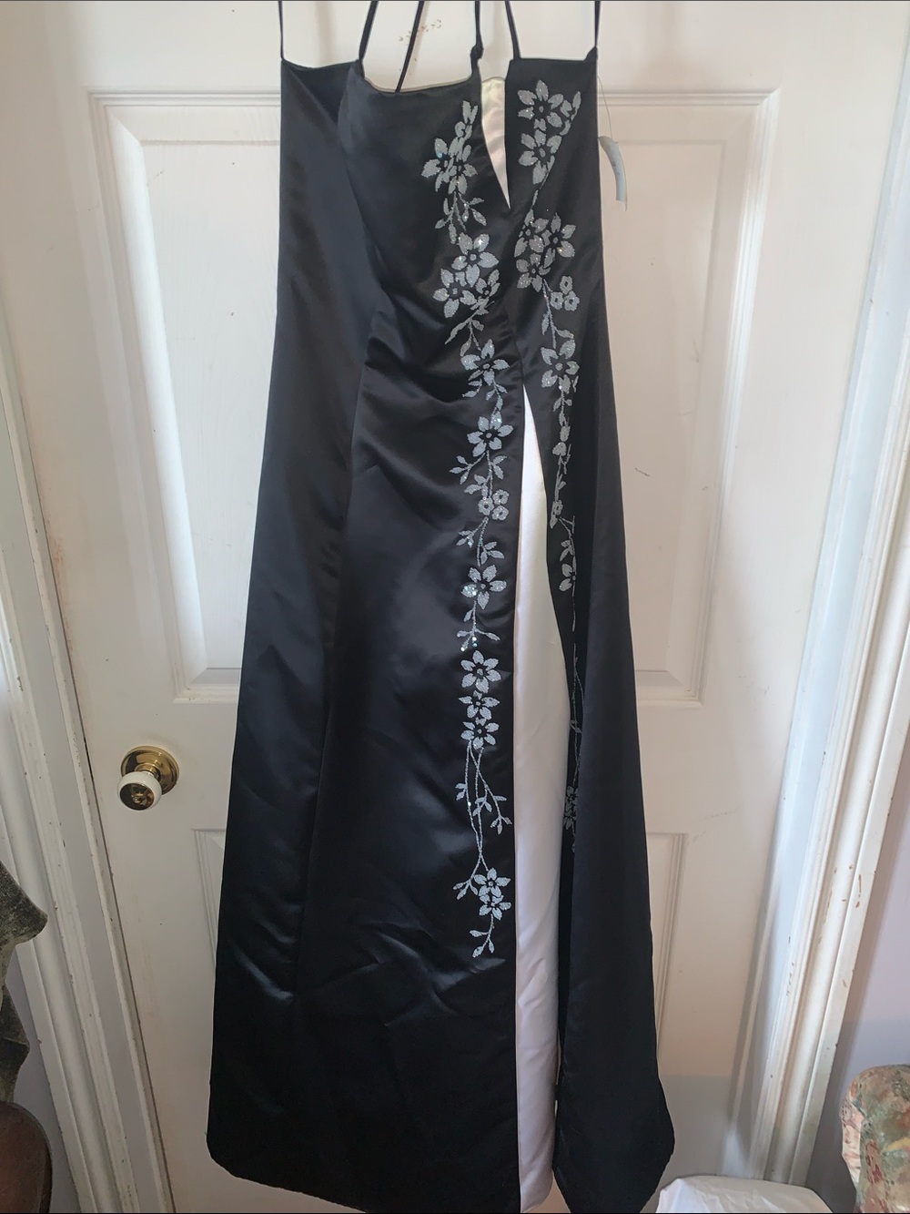 debut Black Satin Evening Dress with Silver Floral Embroidery